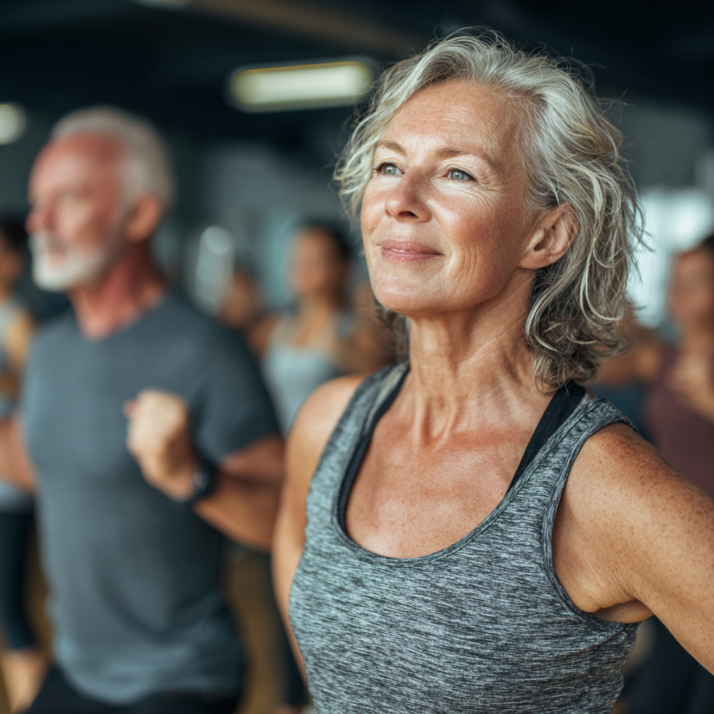 Mature adults participating in group fitness class with professional trainer